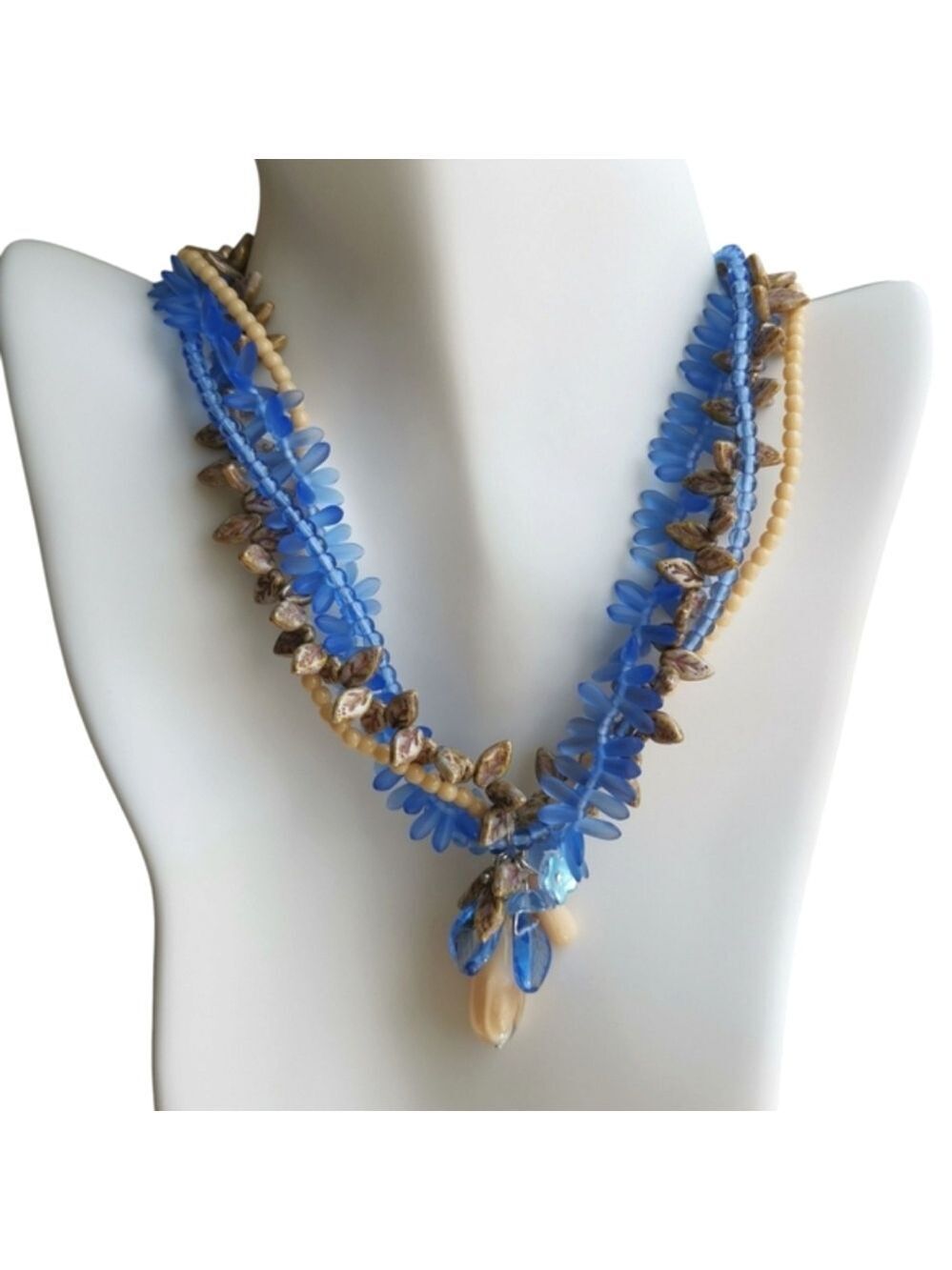Vintage Czech Art Glass Fire Polished Bead Necklace Blue Beige